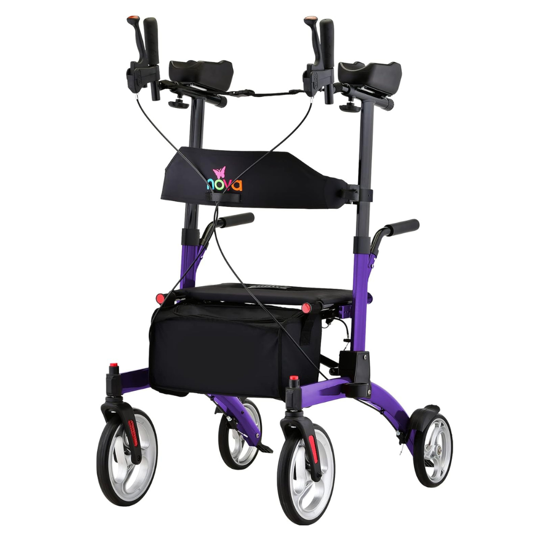 The Nova Dragon Fold n’ Go Rise UP Rollator, an upright-standing walker, comes in purple with black handles and a storage pouch. Its large gray wheels aid smooth movement, while the Nova-branded frame ensures excellent stability and mobility assistance.